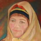 A photograph of two Doukhobor women wearing tradition clothing in a painting.