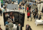 Aerial view of job fair displays and participants
