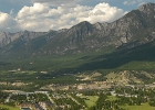 aerial shot of Radium Hot Springs and mountains