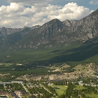 aerial shot of Radium Hot Springs and mountains