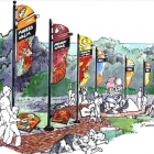 An artist's rendering of a park with colourful banners and  a sculpture of a minerâ€™s head