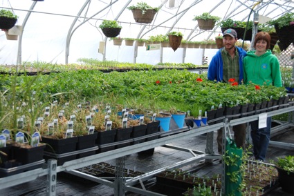 a couple standing in front of plants