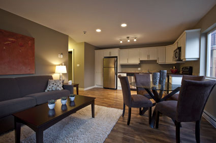 The photo shows a living room, dining and kitchen area tastefully furnished and designed.