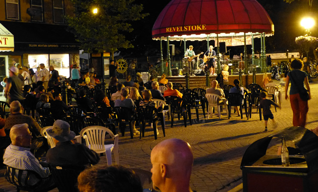 Revelstoke's Grizzly Plaza is a popular gathering place, shown here during Revelstoke's homecoming event.